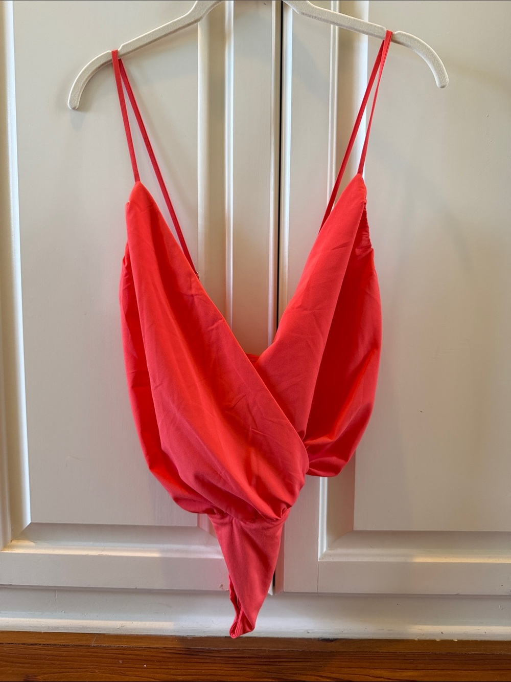 Coral Pink Red Wrap-Front Bodysuit with Spaghetti Straps and thong bottom NWT M